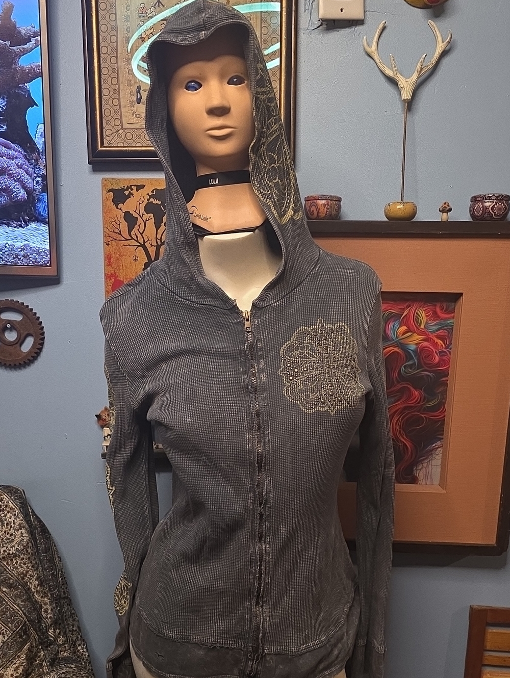 Vocal Gray Hooded Zip Hoodie with Embroidered Medallion